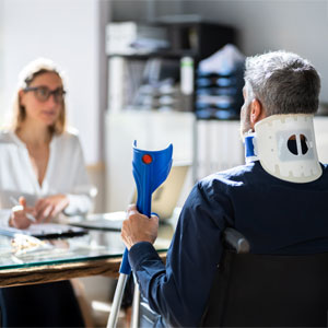 A man in a neck brace and wheelchair, holding a crutch, talks to a woman at a desk in an office setting