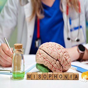  A doctor with a brain model and letter blocks spelling "Misophonia.